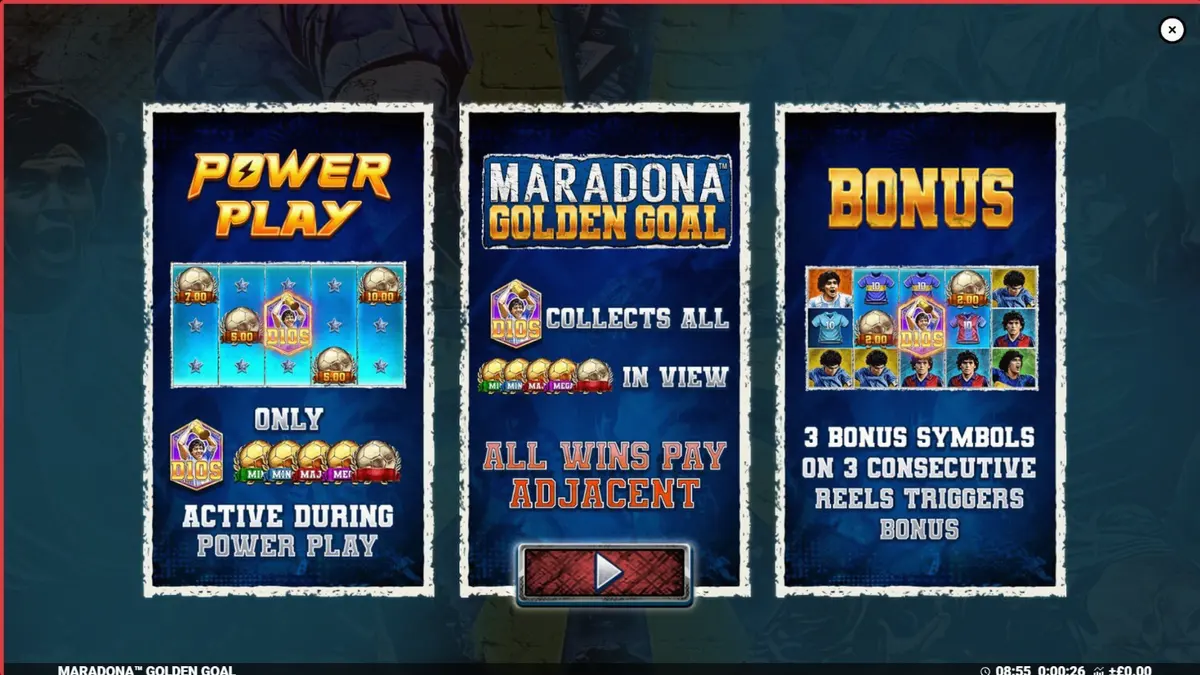 Maradona Golden Goal slot machine interface featuring football legend imagery