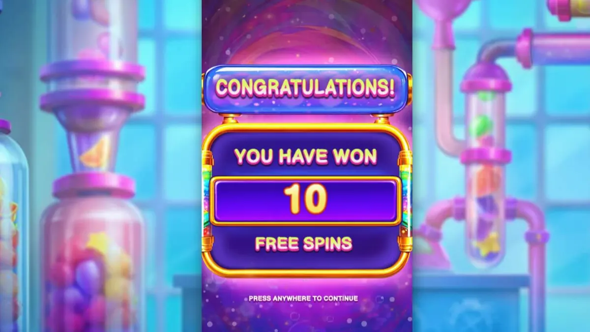 Interface vibrante do slot Sweet Burst com elementos de laboratório de doces